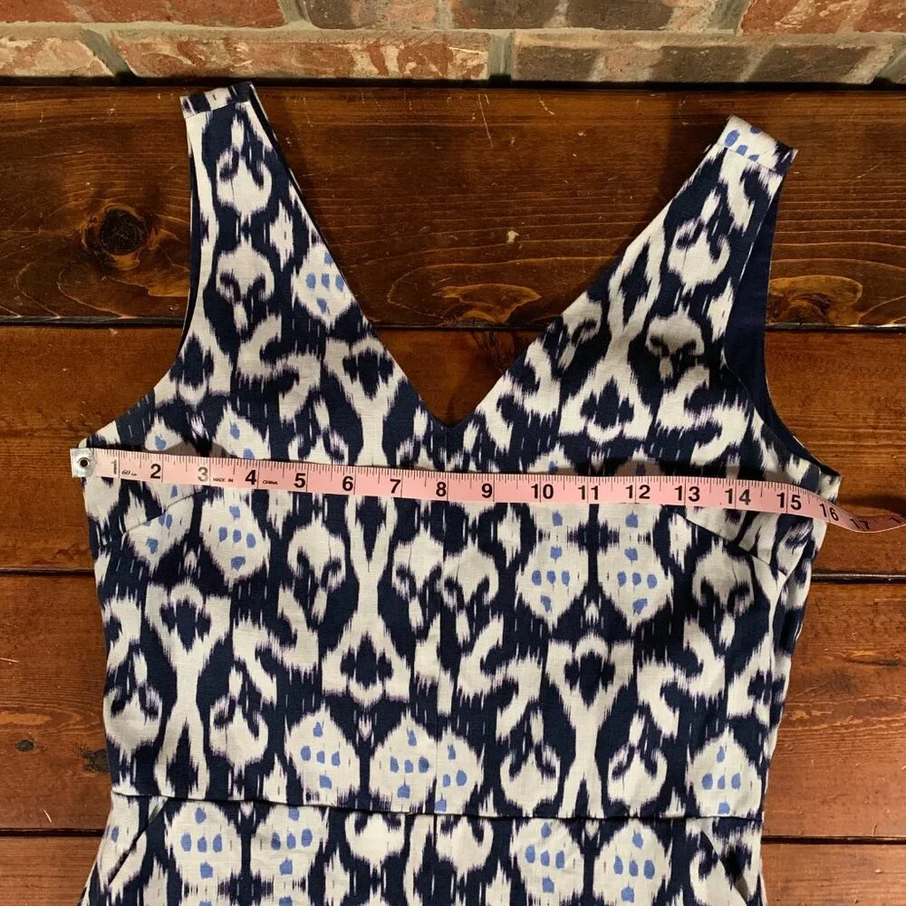 Gap 100% Linen Sleeveless V-neck Fit & Flare Ikat Blue White Mini Dress Size 4